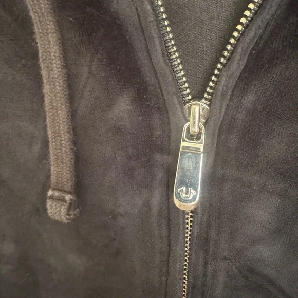 EUC Mens True Religion Black Velvet Zip Up Jacket Gold Logo Hoodie Size 3XL - Picture 4 of 5